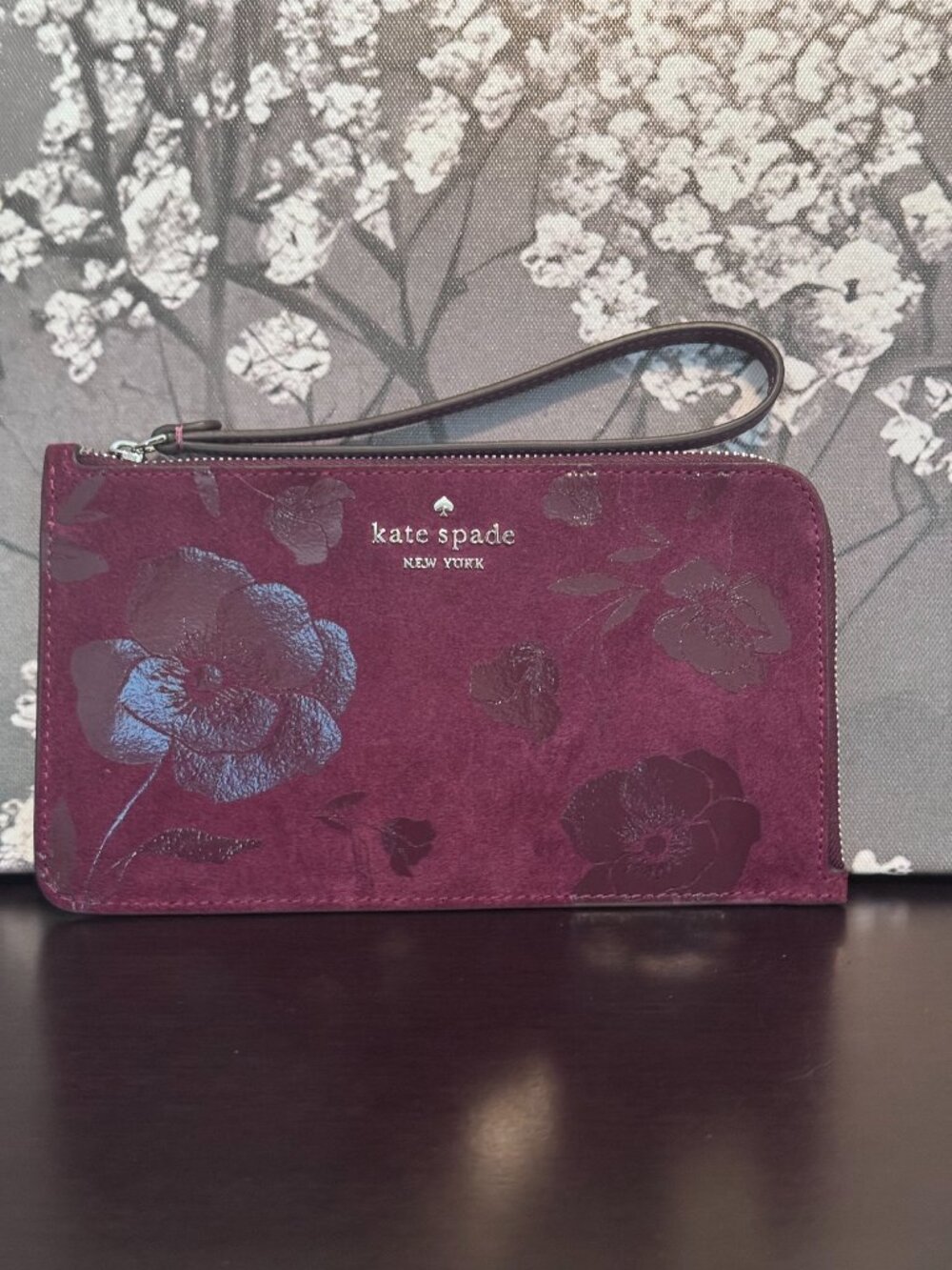 Kate Spade New York Lucy Floral Suede Wristlet Clutch Wallet - Deep Cherry